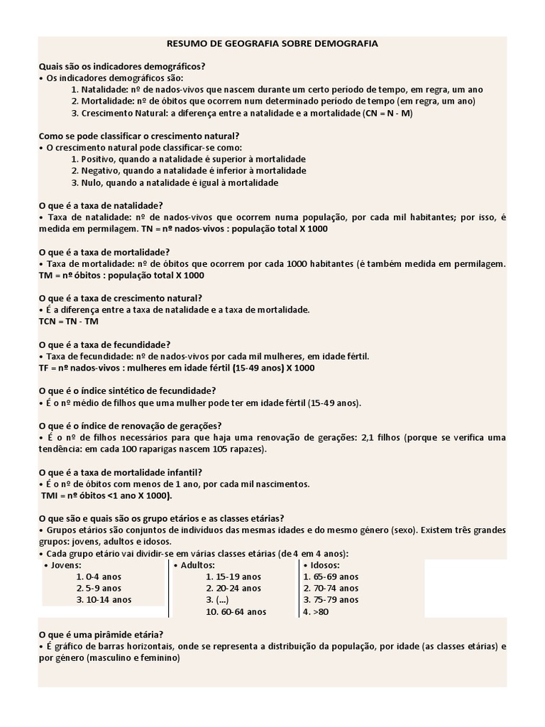 Resumo De Geografia Indicadores Pdf Pdf Taxa De Mortalidade Demografia