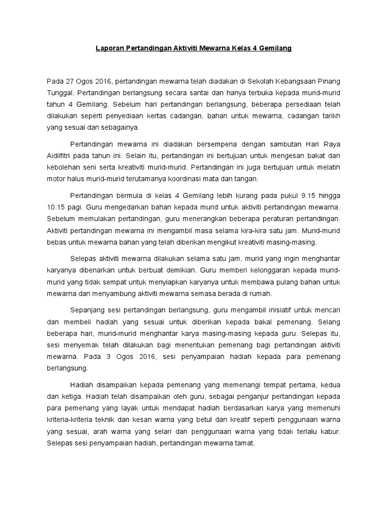 Laporan Pertandingan Aktiviti Mewarna Kelas 4 Gemilang  PDF