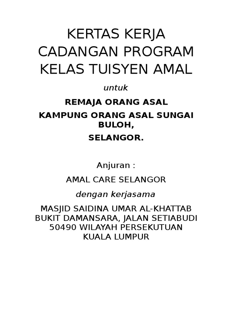 Kertas Kerja Cadangan Program Kelas Tuisyen Amal Pdf