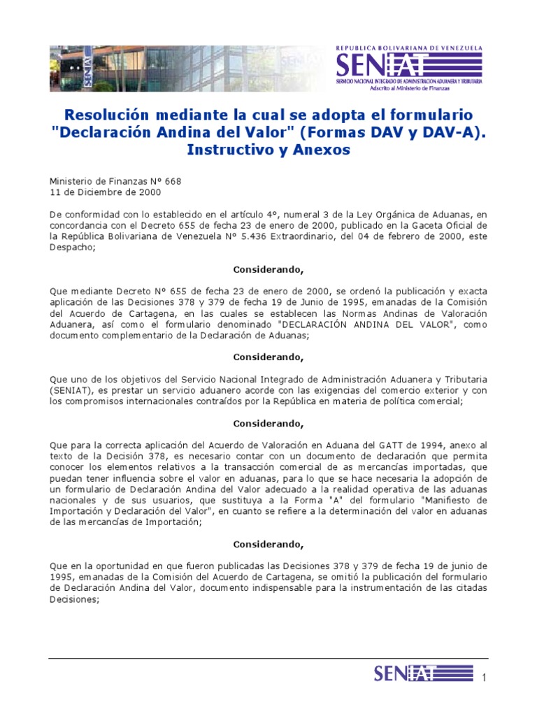 Declaración Andina Del Valor Formas DAV y DAV-A Instructivos y Anexos ...