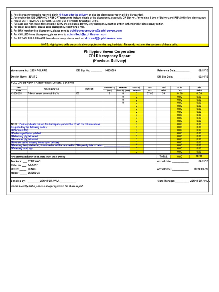 CDI Discrepancy Report Template | PDF | Truck Driver | Retail