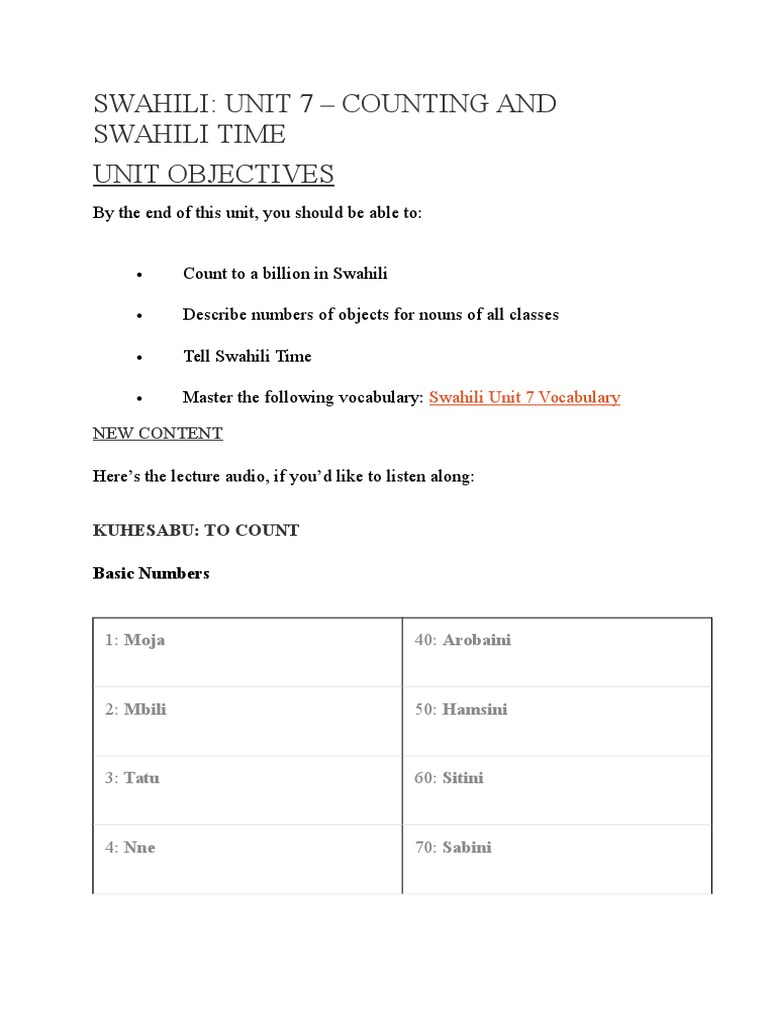 Swahili Unit 7 Counting and Swahili Time Unit Objectives by The End of This Unit, You Should