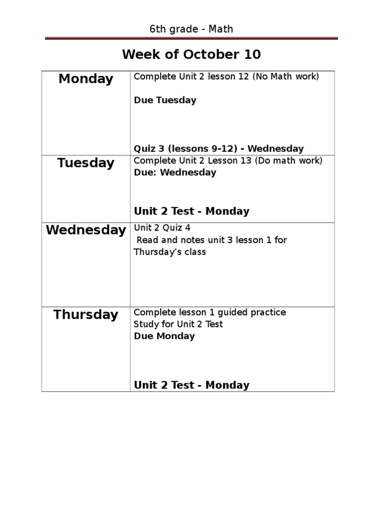 Weekly Homework Calendar | PDF