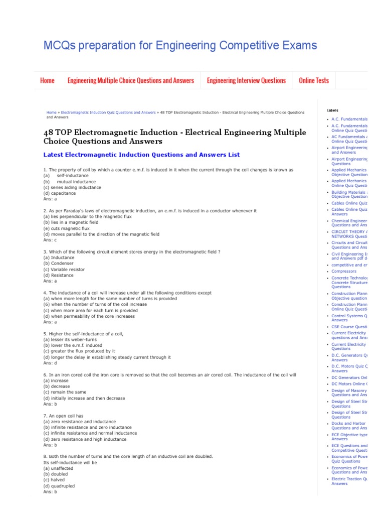 Mcqs Preparation For Engineering Competitive Exams Pdf Inductor