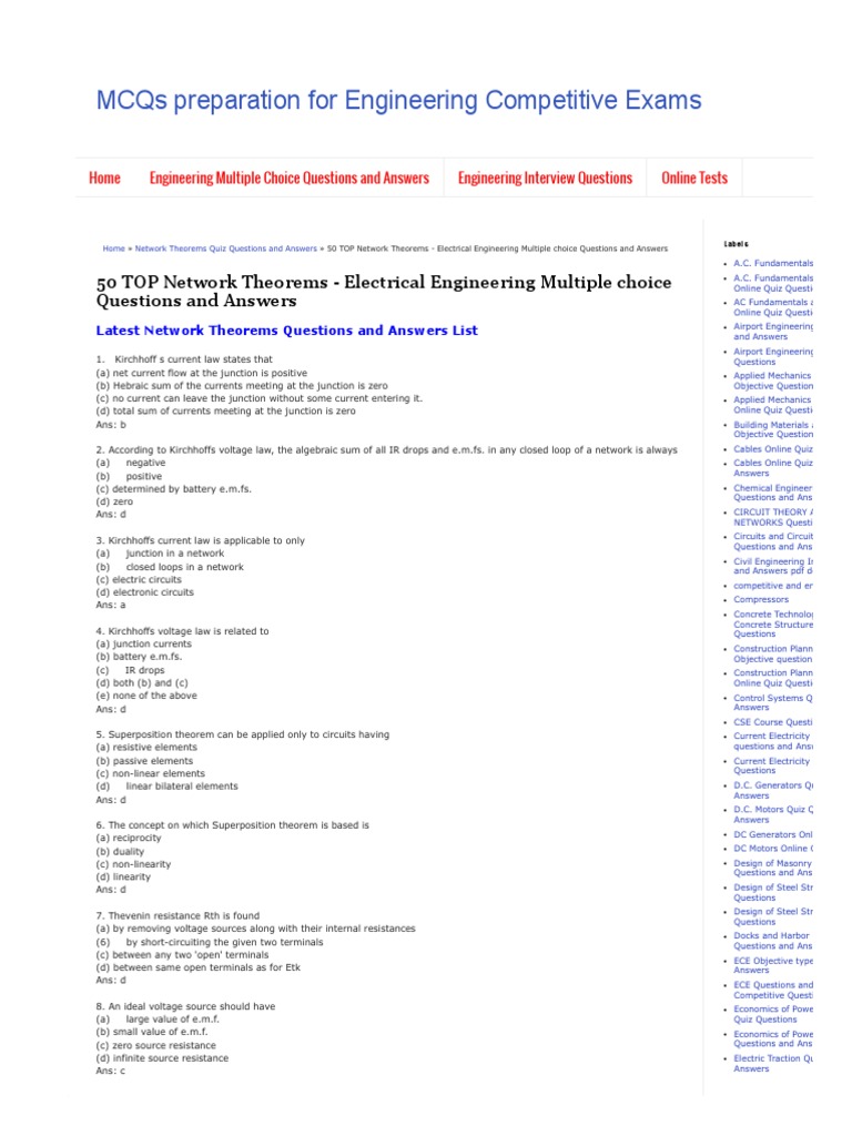 Network Theorems MCQs for Engineers | PDF | Electrical Network | Series ...