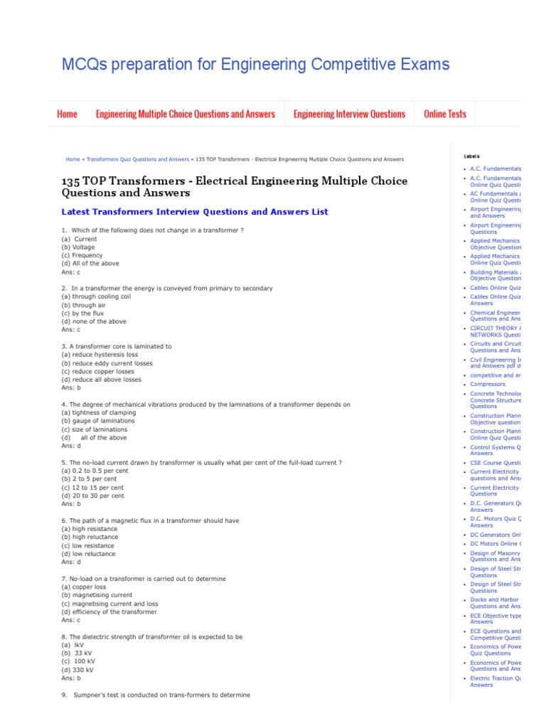 11 135 TOP Transformers Electrical Engineering Multiple Choice