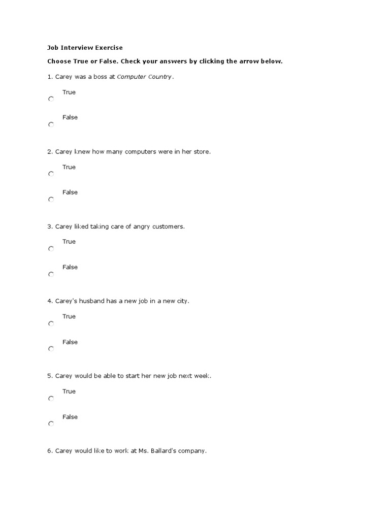 Job Interview Exercise Choose True or False. Check Your Answers by ...