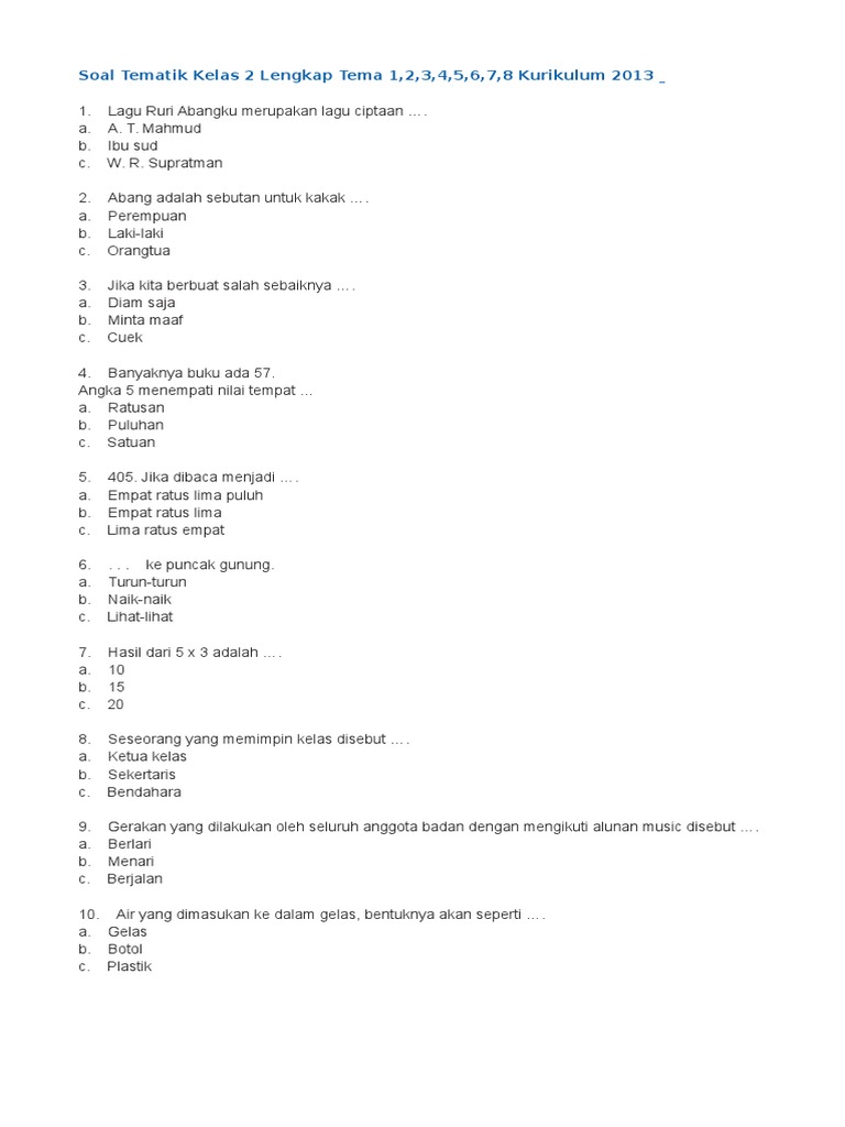 Soal Kelas 2 Sd Tema 1 Hidup Rukun Semester 1