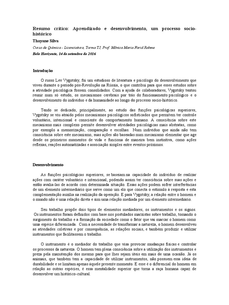 Vygotsky: Aprendizado e Desenvolvimento | PDF | Psicologia | Pensamento