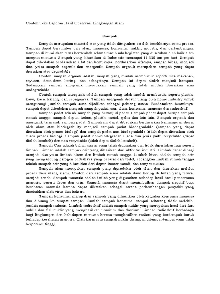 Contoh Teks Laporan Hasil Observasi Tentang Sampah Beserta