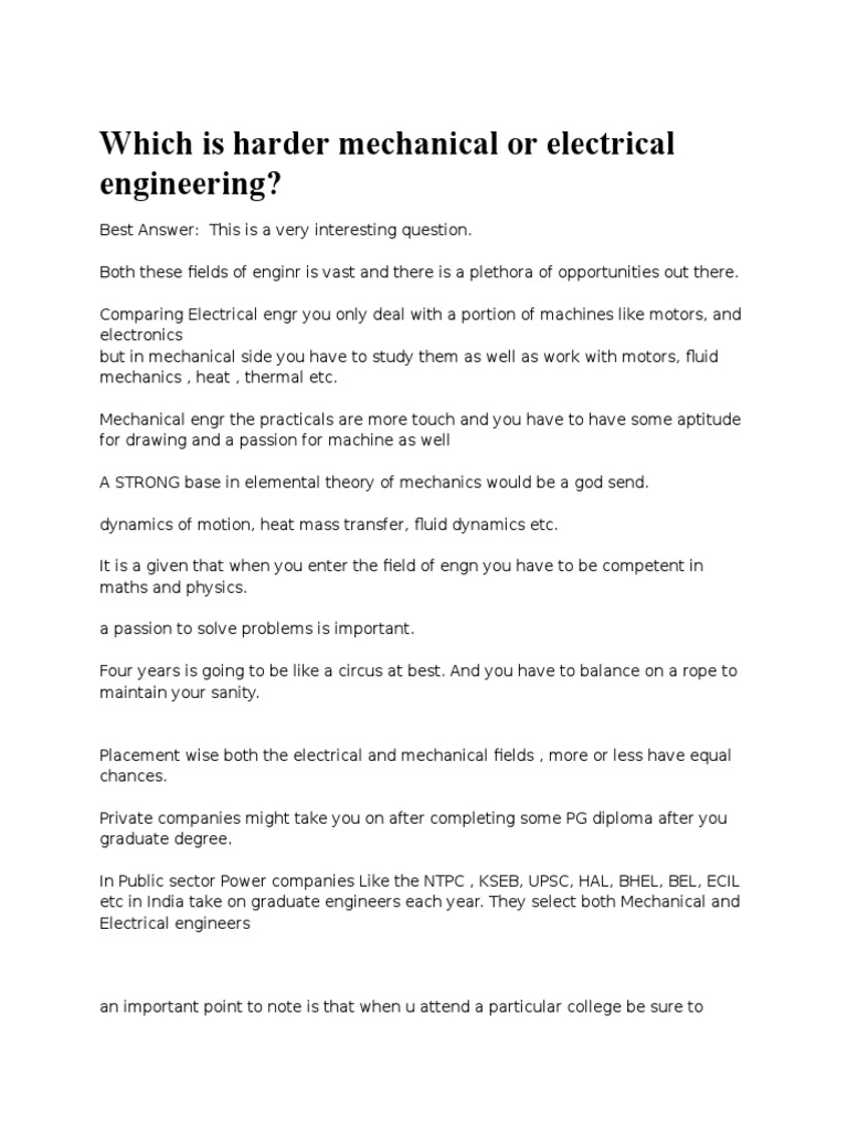 Which Is Harder Mechanical or Electrical Engineering PDF