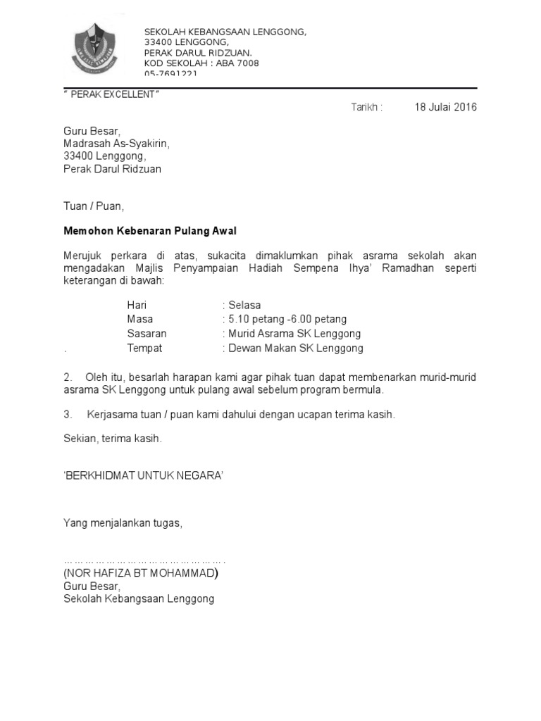 Contoh Surat Meminta Kebenaran Untuk Balik Kampung