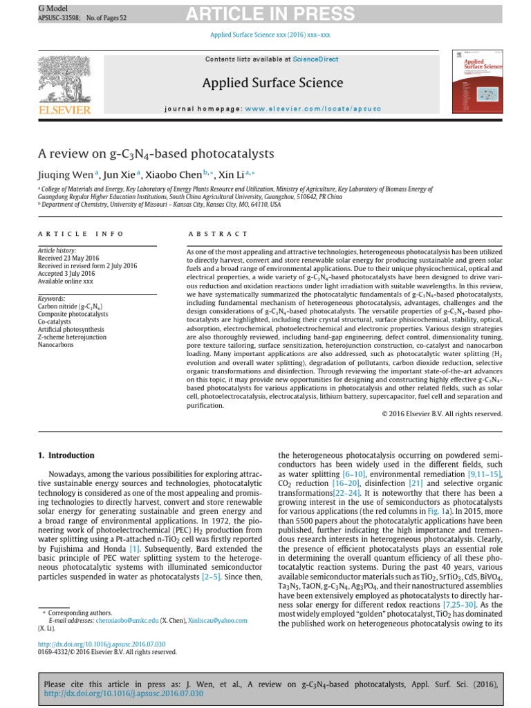 A Review On G C3N4 Based Photocatalysts 2016 Applied Surface Science ...