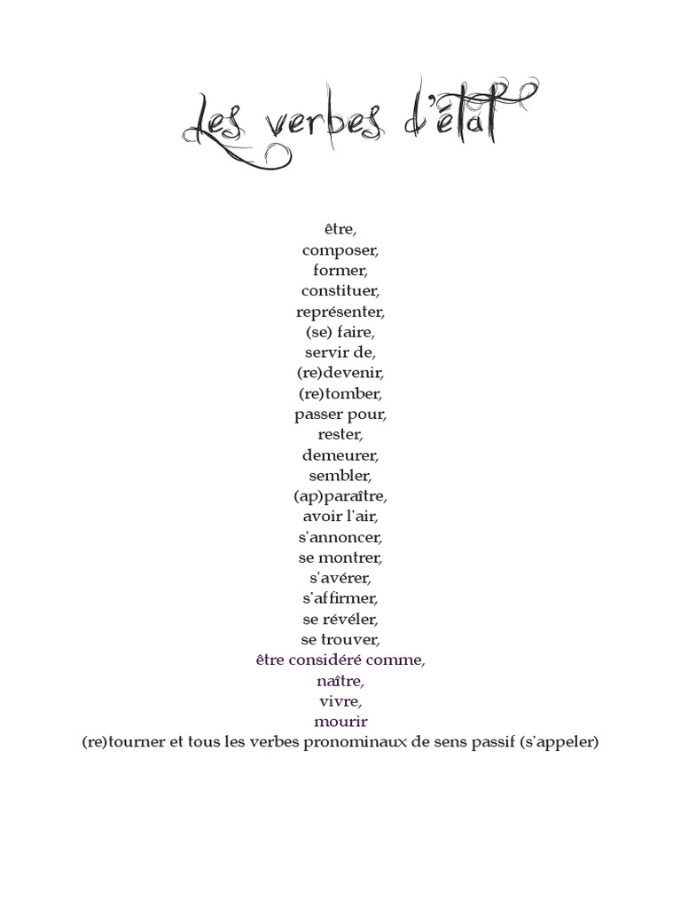 Verbes D'état Verbes D'action Exercices Pdf Liste Des Verbes d Etat