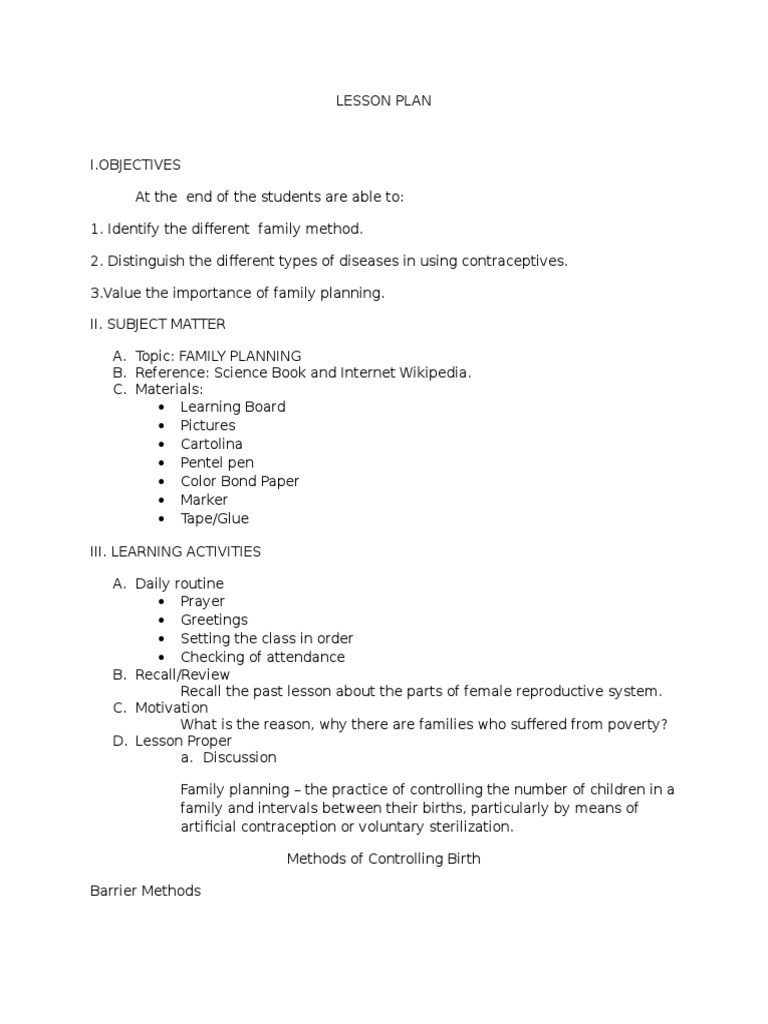 Lesson Plan | PDF | Birth Control | Family Planning