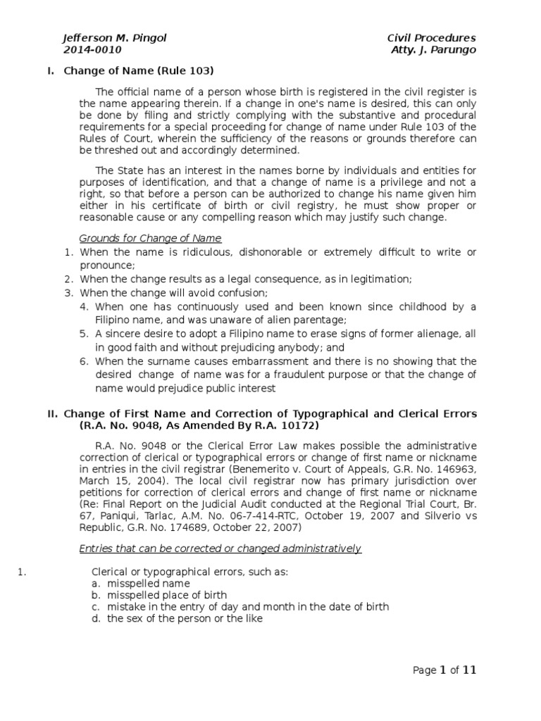 CivPro Change of Name and Gender PDF Gender Gender Studies