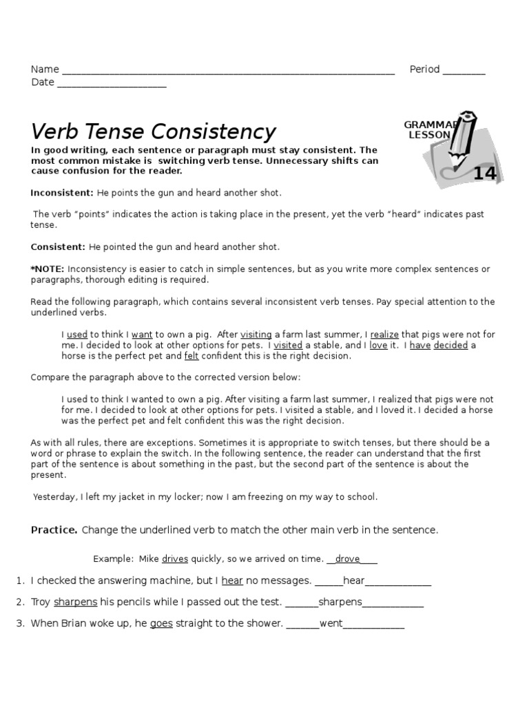 Verb Tense Consistency Worksheet