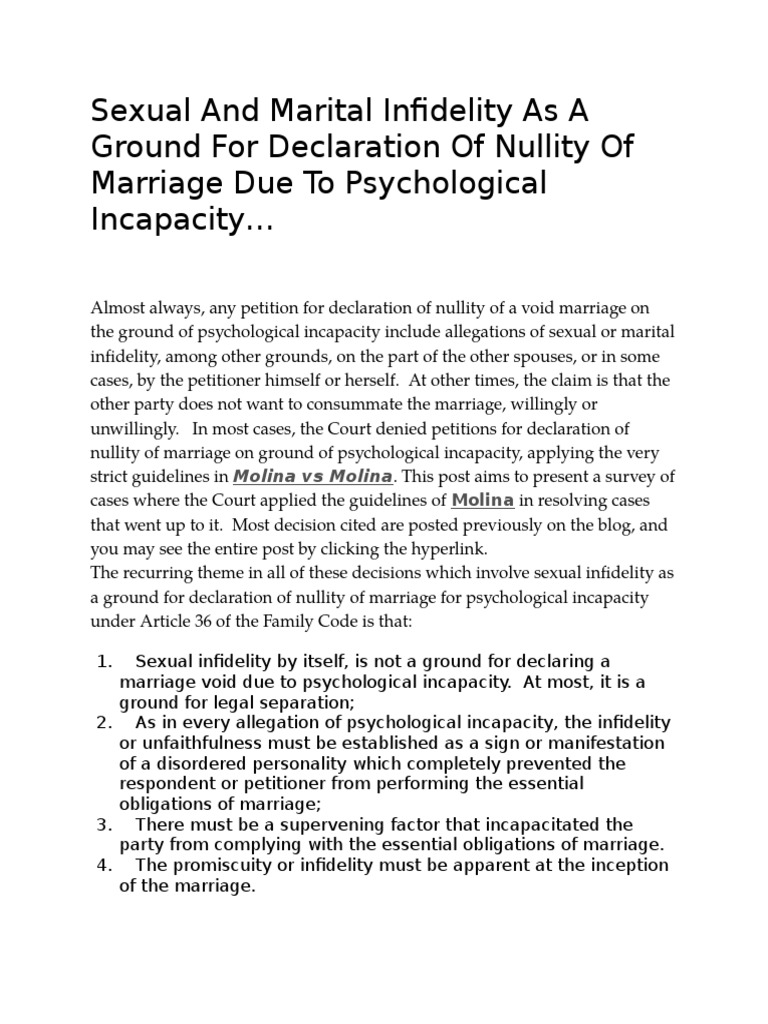 Infidelity and Psychological Incapacity | PDF | Infidelity | Marriage