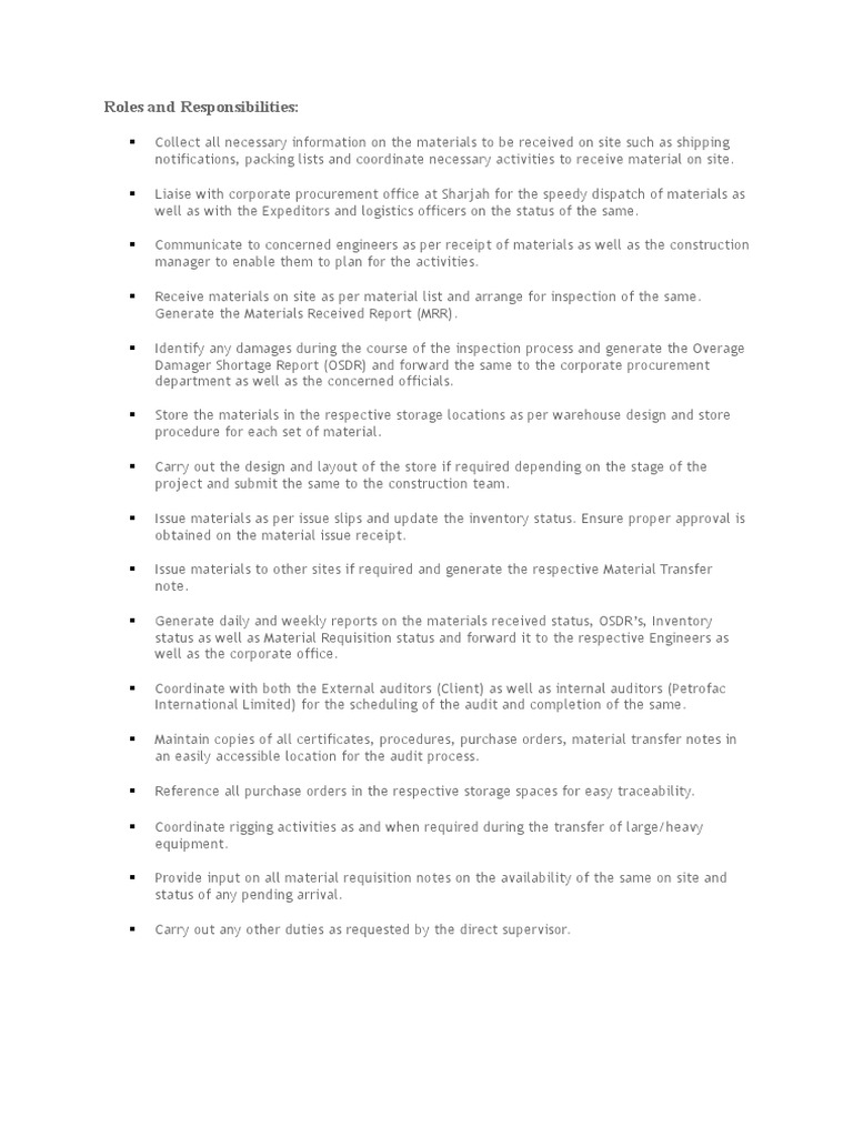 Material Management Roles and Duties | PDF