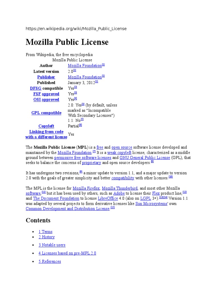 Mozilla Public License: Author Latest Version Published Compatible ...