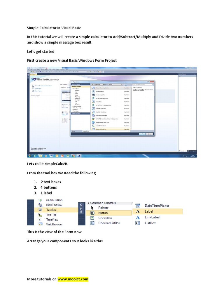Write a program in visual basic to create a simple calculator picture