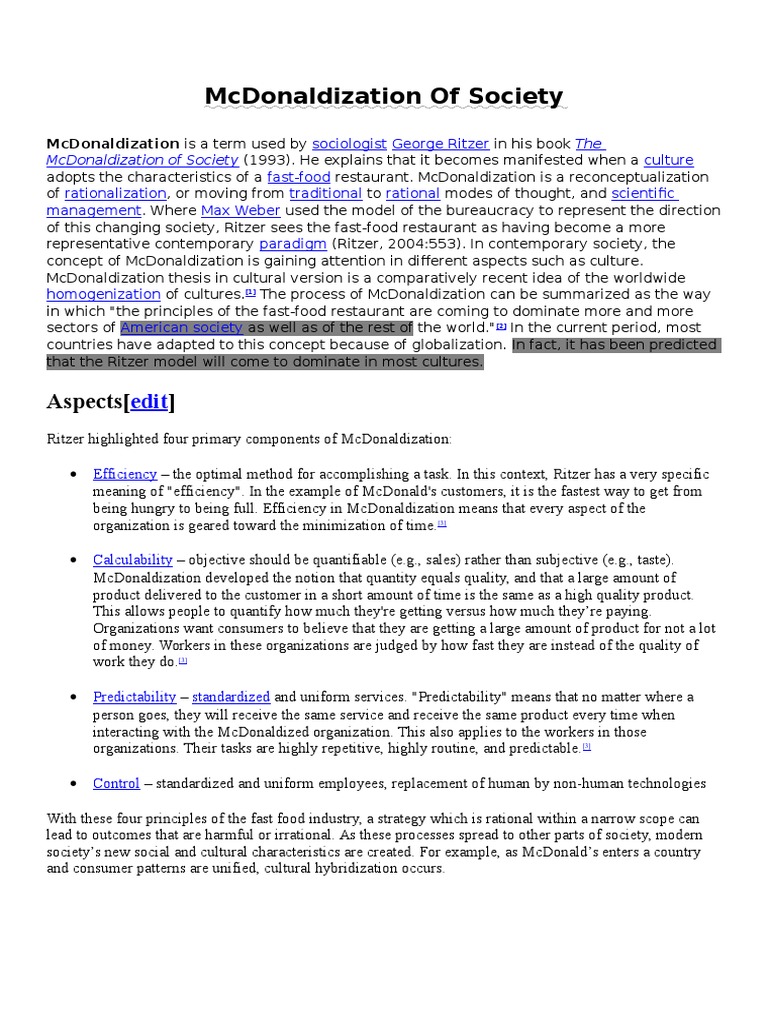 Understanding McDonaldization in Society | PDF | Behavioural Sciences ...