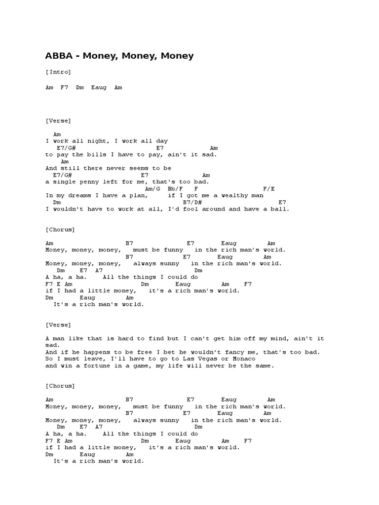 ABBA Money Money Money Chords PDF