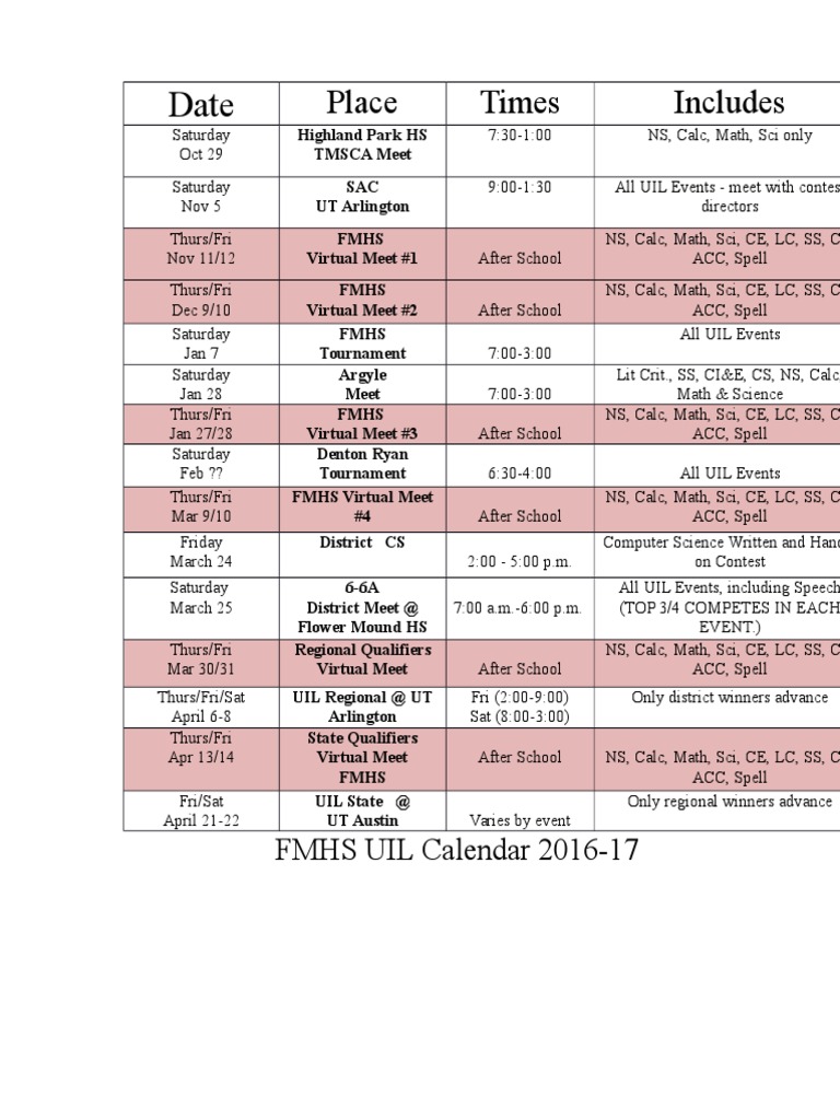 UIL Competition Schedule 2016-17 | PDF | Sports & Recreation | Travel