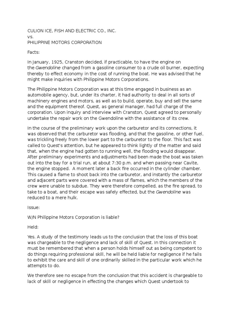 Culion Vs Phil Motors PDF Carburetor Energy And Resource