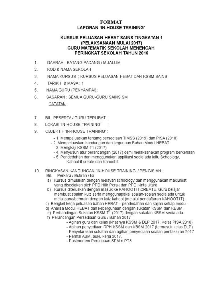 Laporan Inhouse Hebat Kssm Sm 2016 Pdf