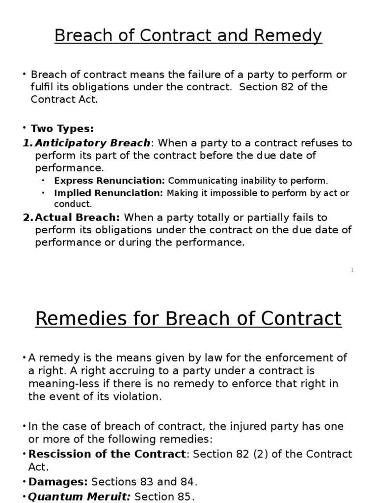 Breach of Contract and Remedy Breach Of Contract Specific Performance