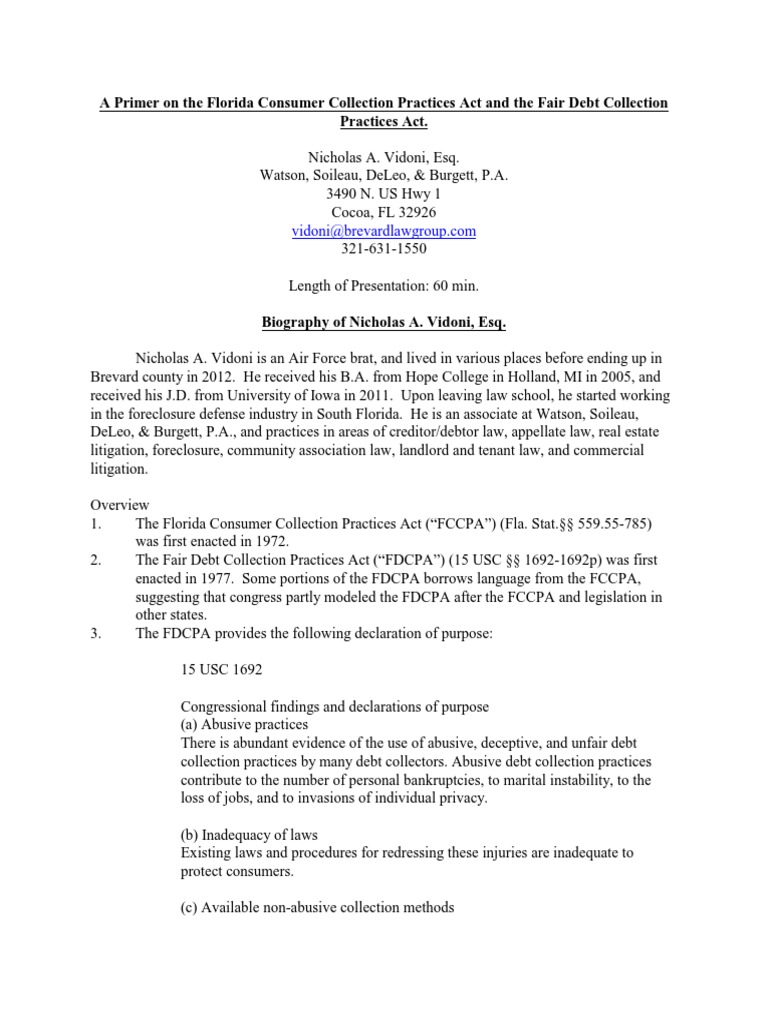 Fdcpa Fccpa Outline | PDF | Collection Agency | Debt