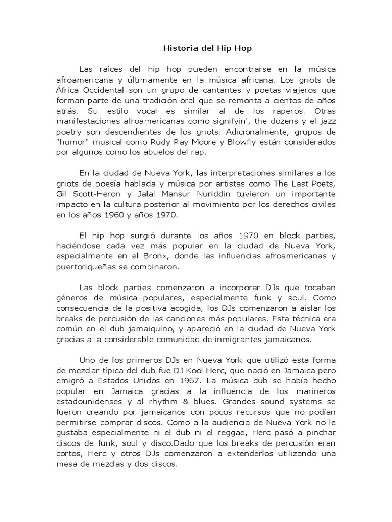 Orígenes y evolución del Hip Hop | PDF | Música hip-hop | Disc jockey