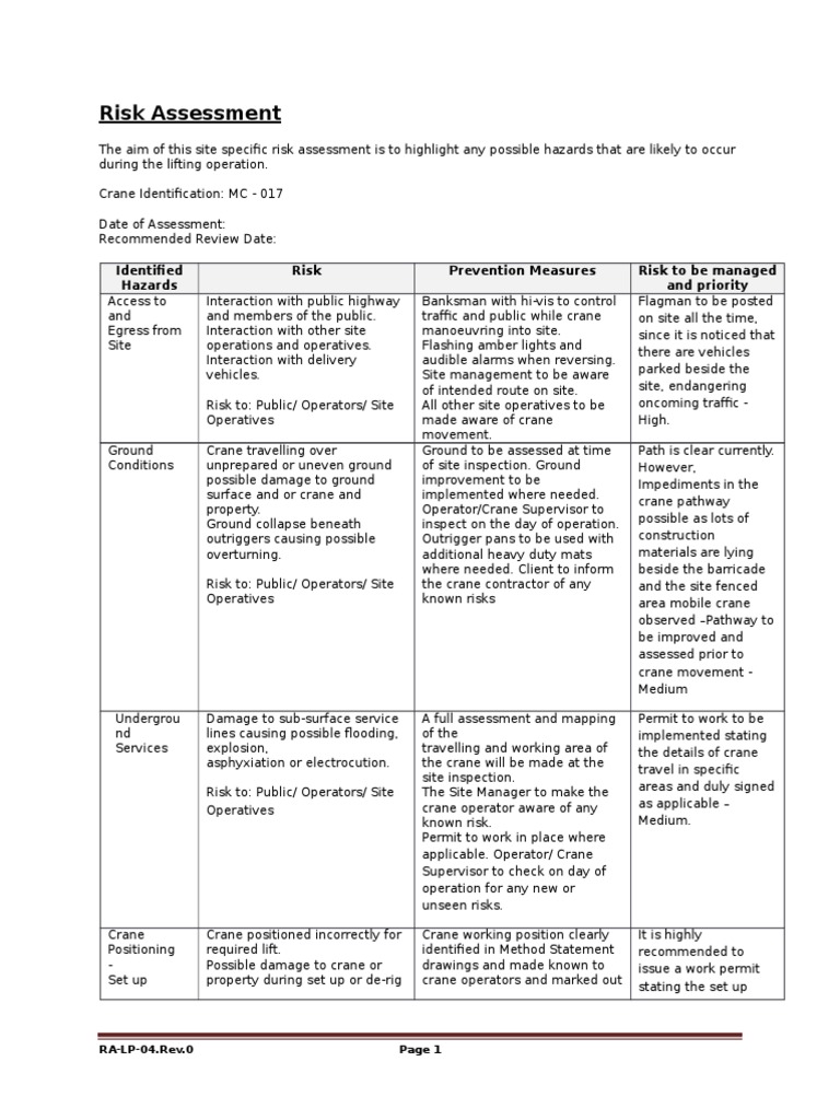 Crane Lifting Risk Assessment Guide | PDF | Crane (Machine) | Risk ...