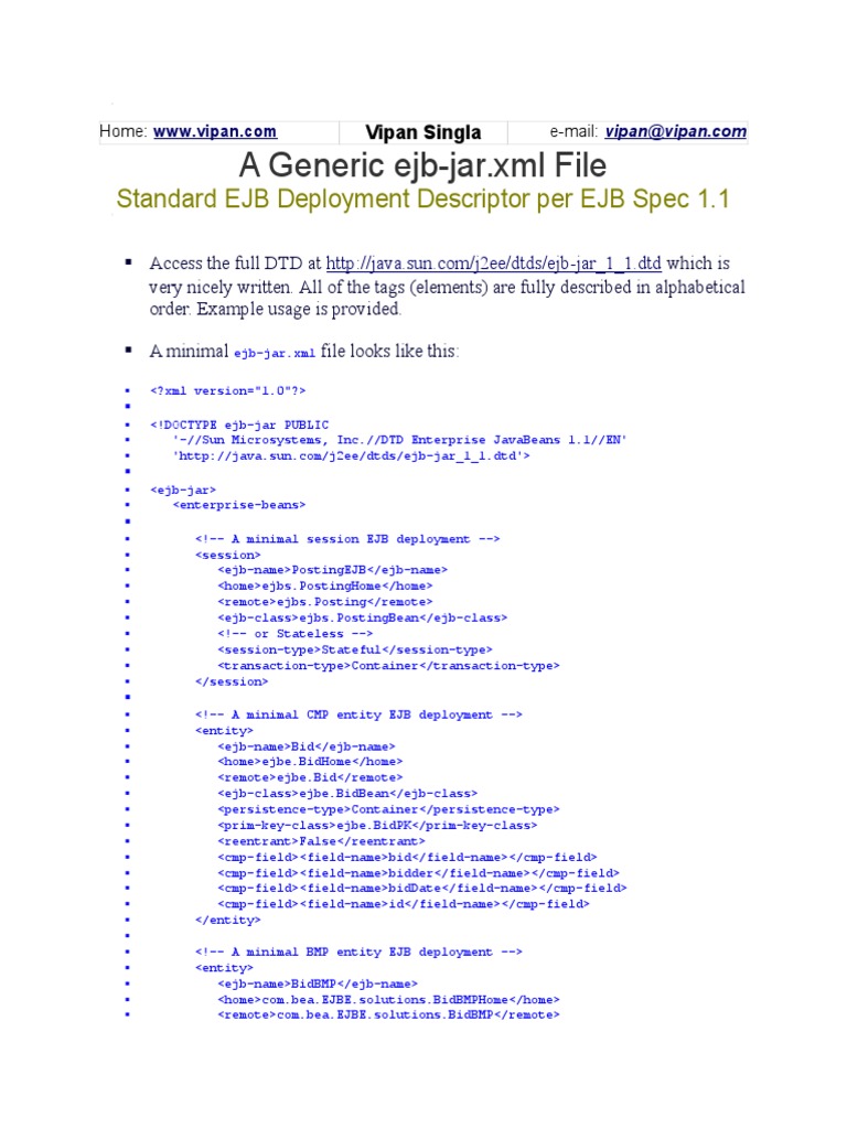 A Generic EjbJar XML File Standard EJB Deployment Descriptor Per