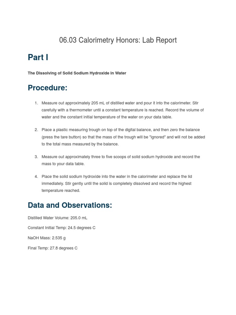 Honors Calorimetry Lab Report | PDF | Sodium Hydroxide | Properties Of ...