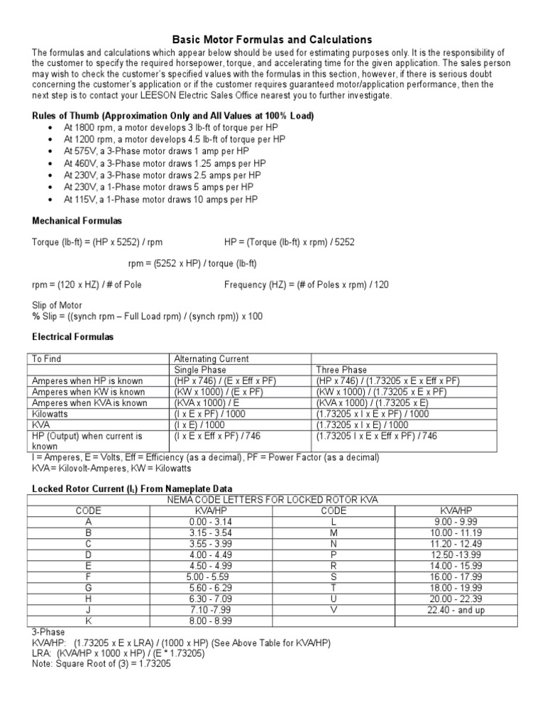 BasicMotorFormulasandCalculations6 14 13 | PDF | Horsepower | Torque