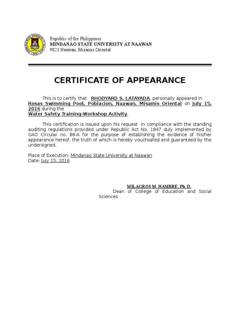 Certificate of Appearance PDF Business