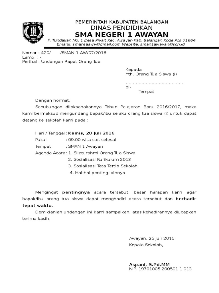 Undangan Rapat Orang Tua Siswa | PDF