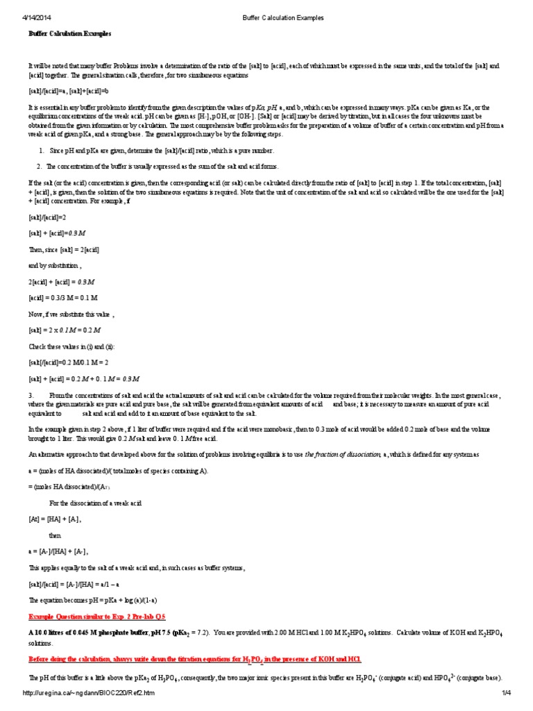 Buffer Calculation Examples | PDF | Buffer Solution | Ph