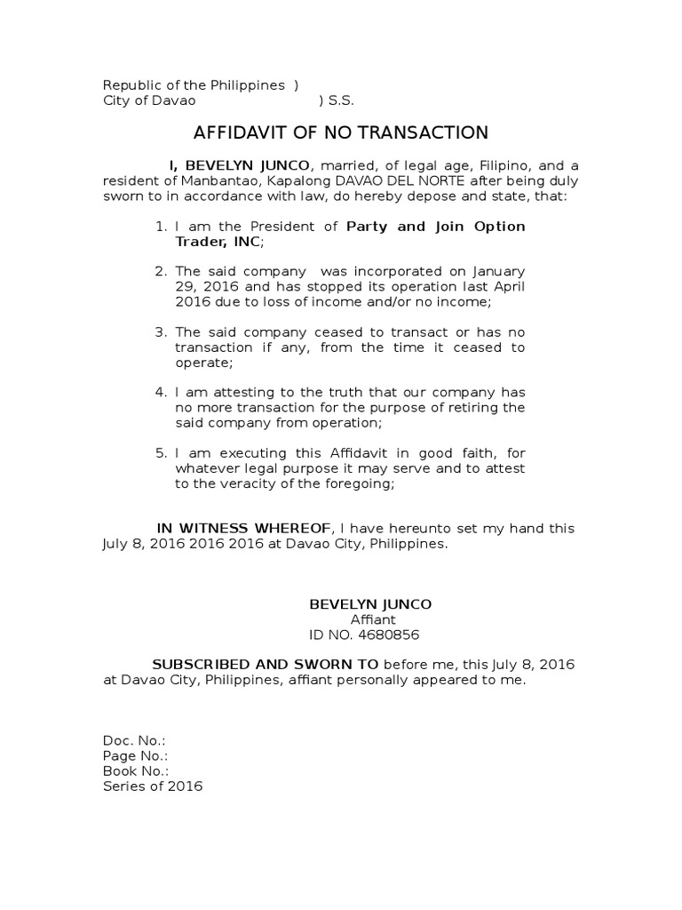 Affidavit of No Transaction for Business | PDF