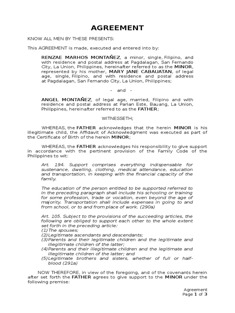 Agreement For Support PDF Government Social Institutions
