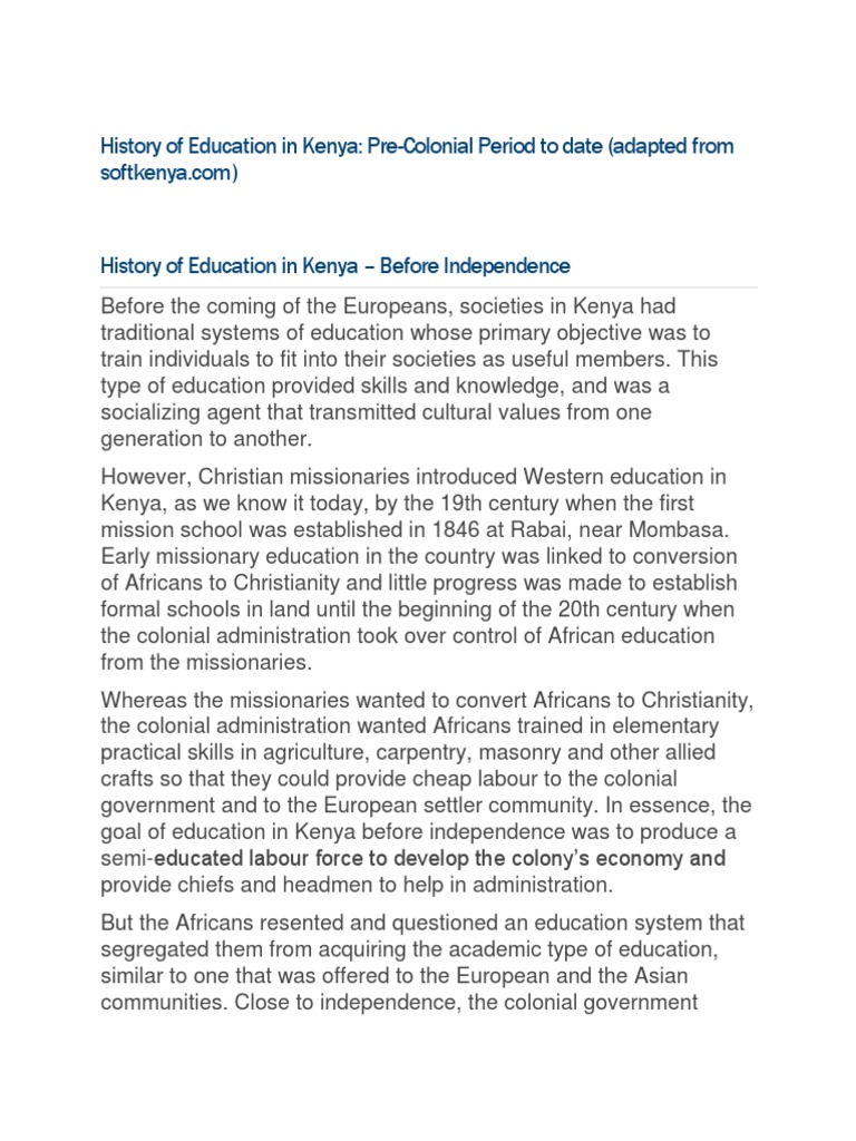 History of Education in Kenya PDF | PDF | Colonialism | Missionary