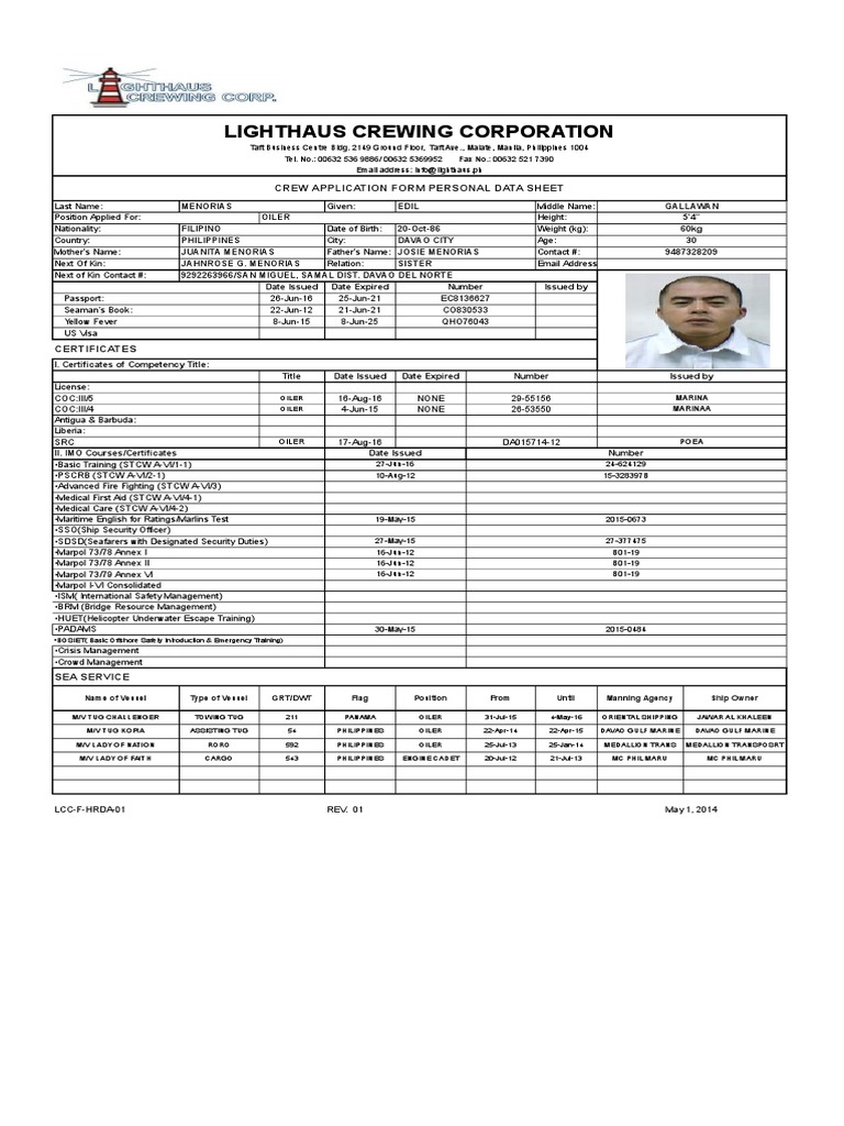 Crew Application Form for Oiler Position | PDF | Politics
