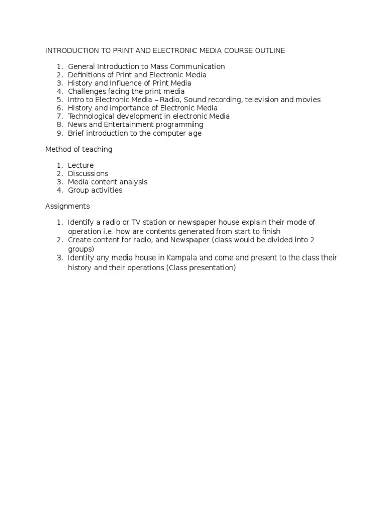 Introduction to Print and Electronic Media Course Outline