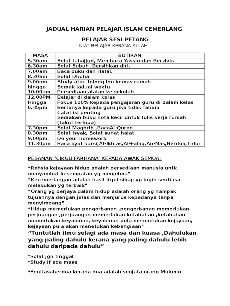 Contoh Jadual Harian Pelajar Cemerlang