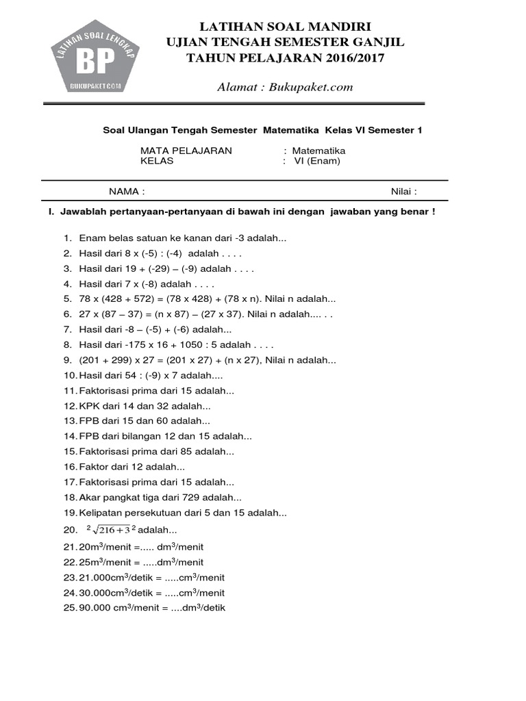 Soal Uts Matematika Kelas 6 Semester 1 1 Pdf
