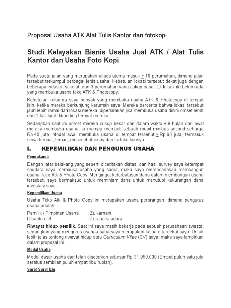 Proposal Usaha Atk Alat Tulis Kantor Dan Fotokopi