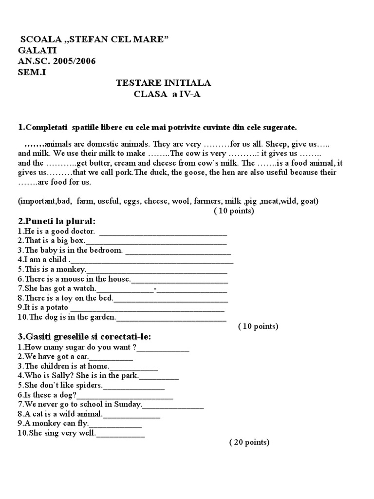 Initial Assessment for 4th Grade English | PDF | Home & Garden