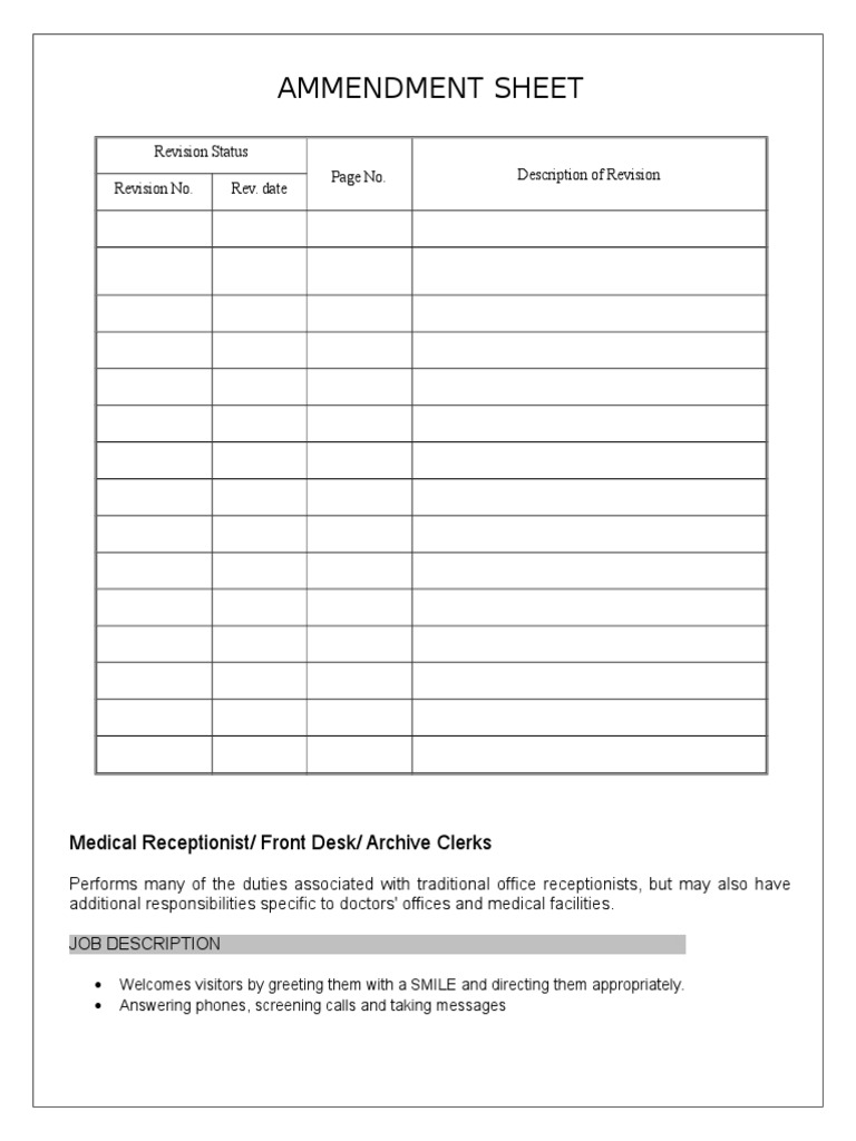 Job Description Archive Clerk Employment Health Care